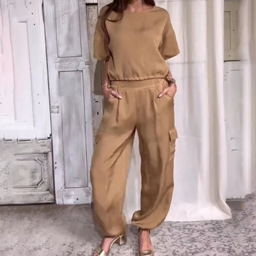 Lässiges einfarbiges Kurzarm-Oberteil Hose 2-teiliges Set💗🌹