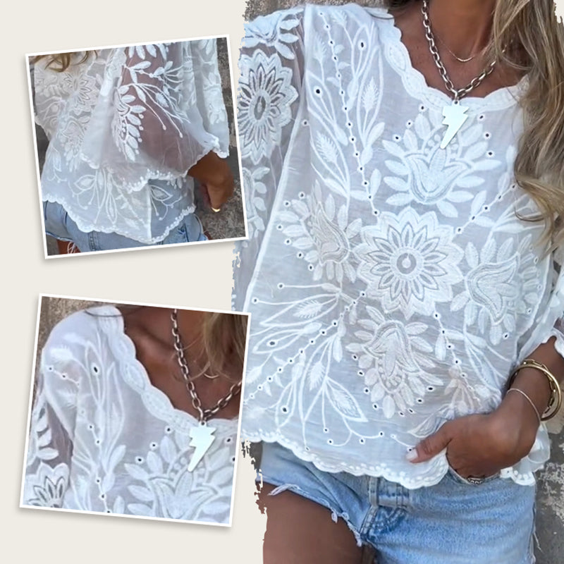 Damenbluse im Boho-Chic-Stil mit transparenter Spitze und Stickerei🌷💃Modischer und beliebter Designstil