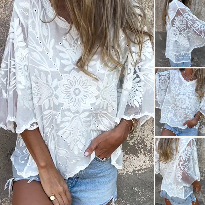Damenbluse im Boho-Chic-Stil mit transparenter Spitze und Stickerei🌷💃Modischer und beliebter Designstil
