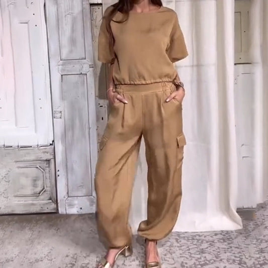 Lässiges einfarbiges Kurzarm-Oberteil Hose 2-teiliges Set💗🌹