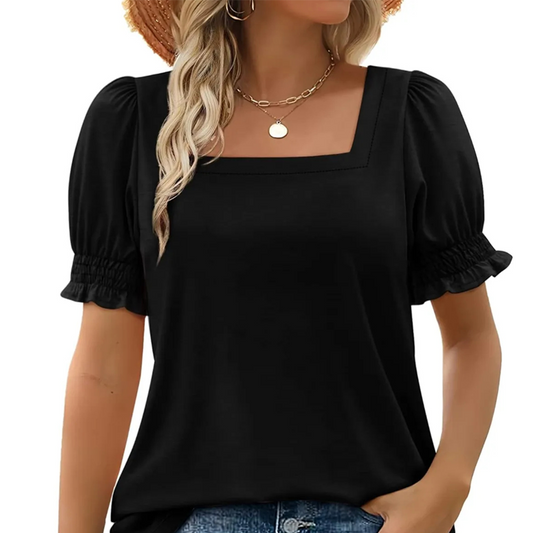 Lässiges T-Shirt mit quadratischem Ausschnitt und gesmokten Ärmeln für Damen💕💕