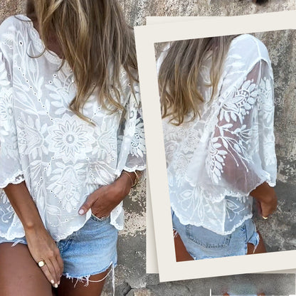 Damenbluse im Boho-Chic-Stil mit transparenter Spitze und Stickerei🌷💃Modischer und beliebter Designstil