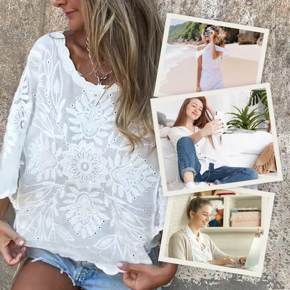 Damenbluse im Boho-Chic-Stil mit transparenter Spitze und Stickerei🌷💃Modischer und beliebter Designstil