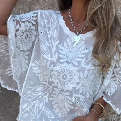 Damenbluse im Boho-Chic-Stil mit transparenter Spitze und Stickerei🌷💃Modischer und beliebter Designstil